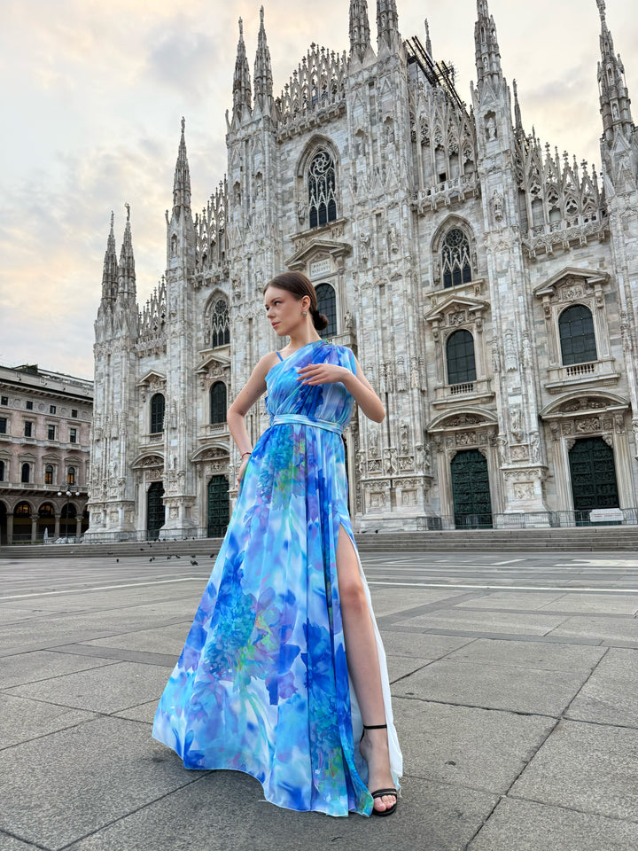 “Silvana” One-Shoulder Floral Dress with Side Slit