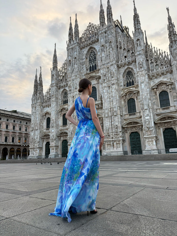 “Silvana” One-Shoulder Floral Dress with Side Slit