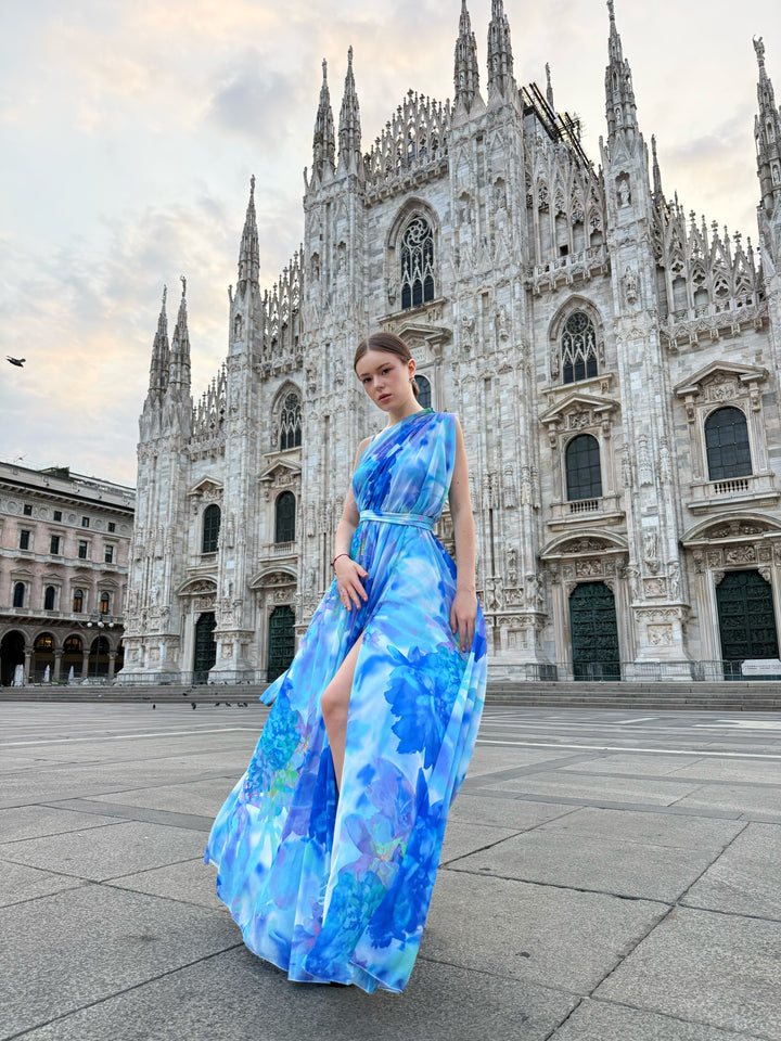 “Silvana” One-Shoulder Floral Dress with Side Slit