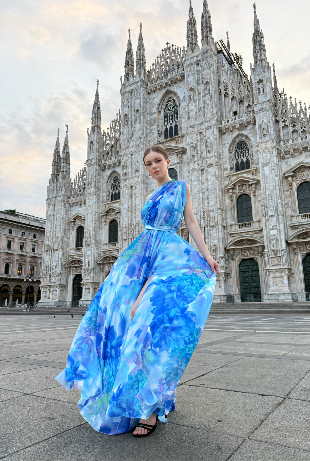 “Silvana” One-Shoulder Floral Dress with Side Slit