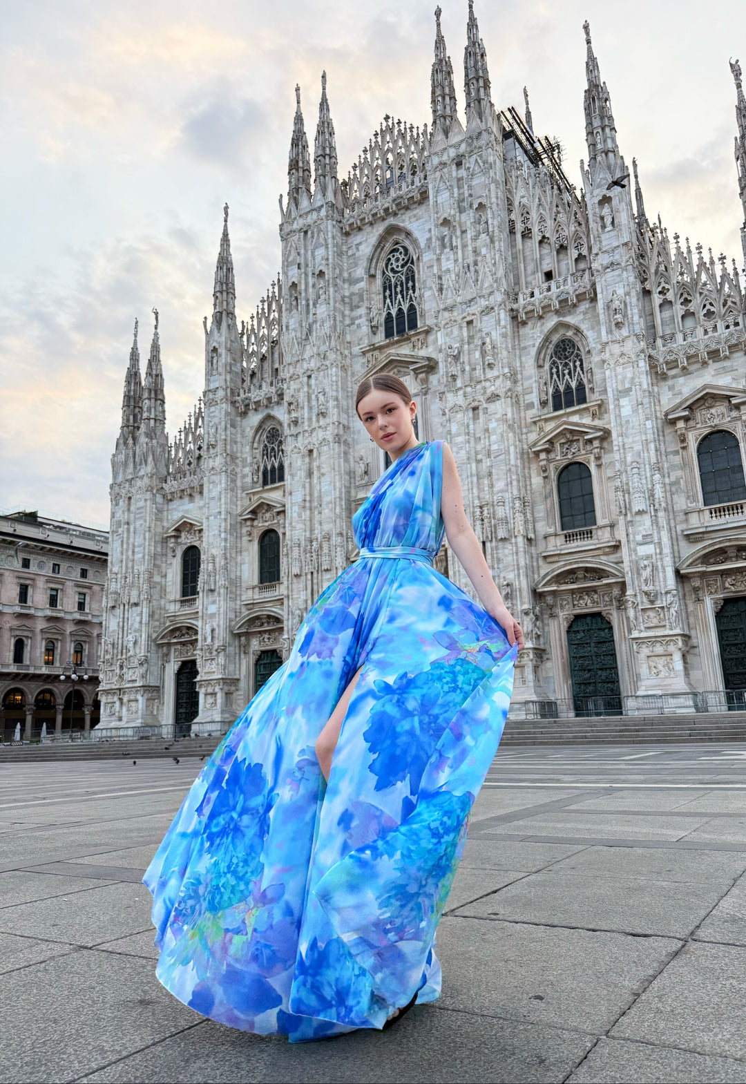 “Silvana” One-Shoulder Floral Dress with Side Slit