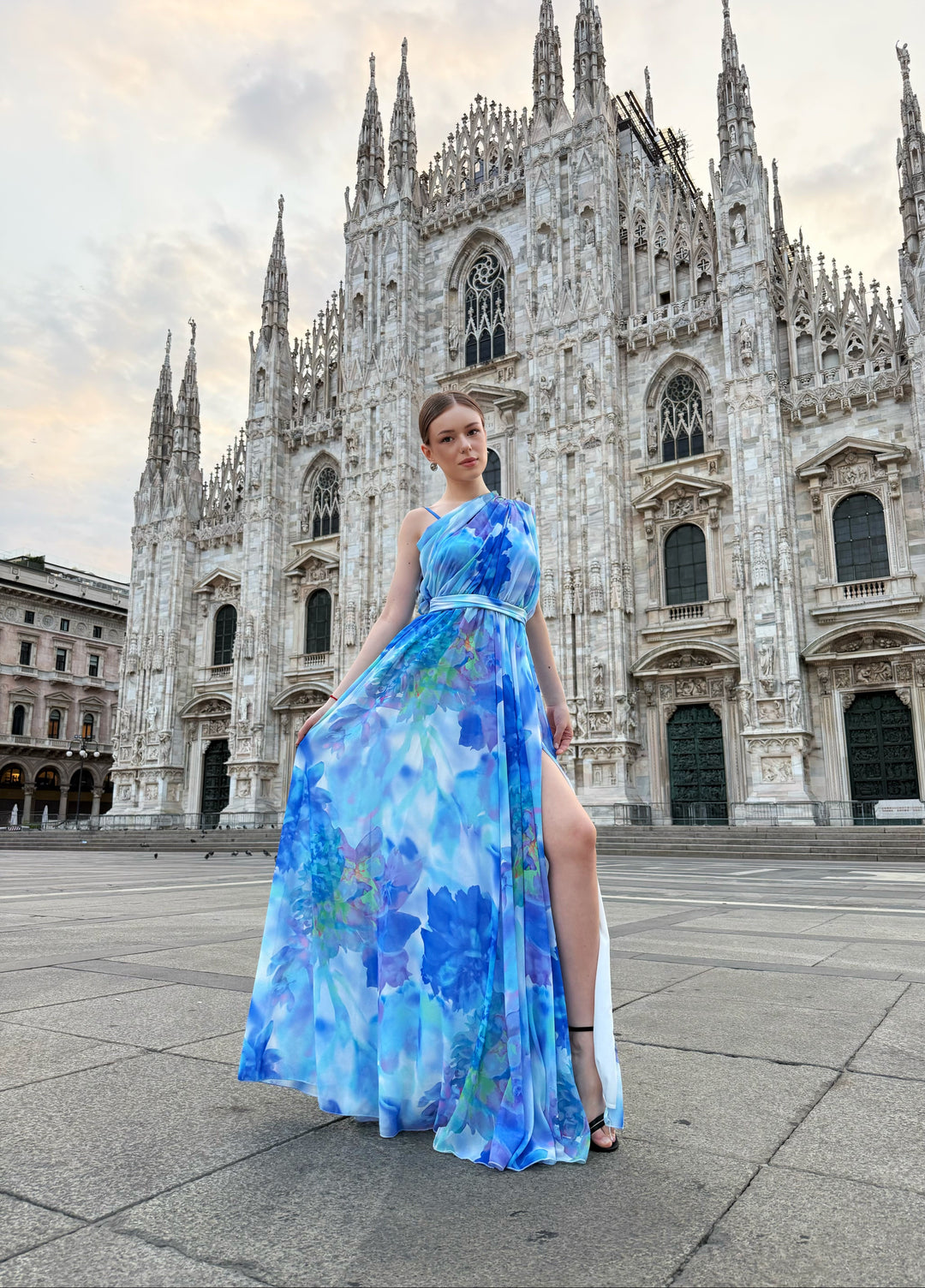 “Silvana” One-Shoulder Floral Dress with Side Slit