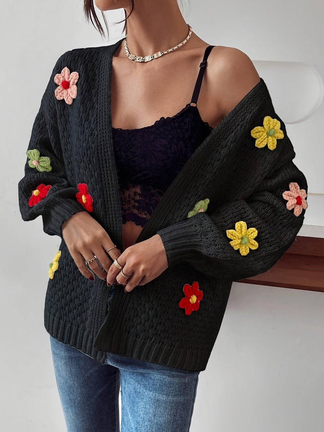 Risette™ - Cardigan Tricoté à Motif Floral