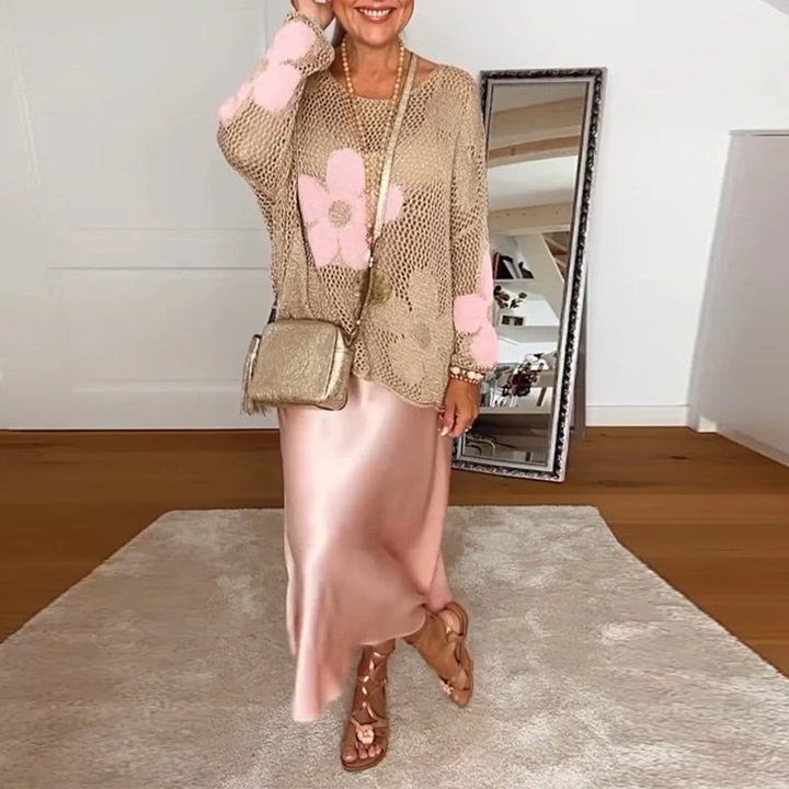 Sasha™ - Floral Knit Sweater with Long, Openwork Sleeves