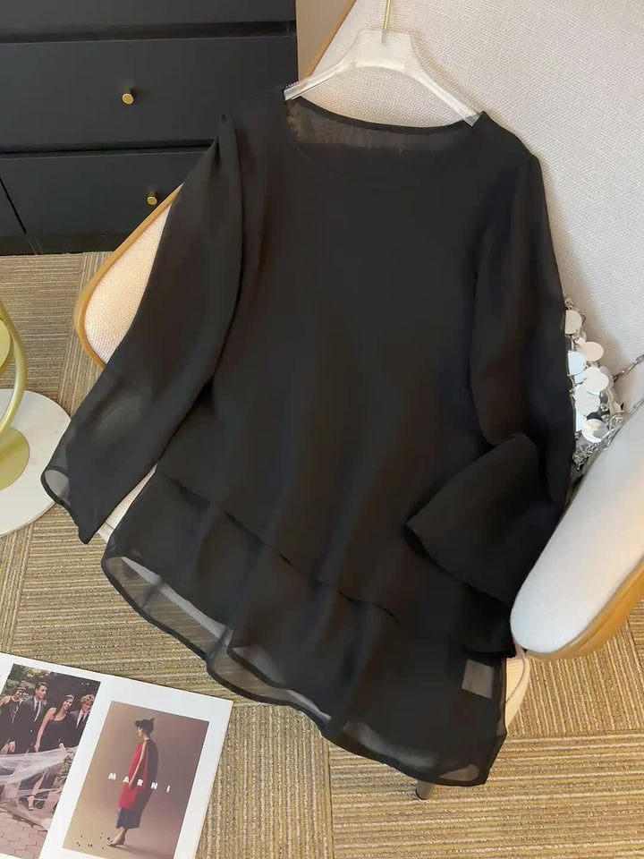 Corisande™ - Elegant Double Layer Blouse with Asymmetrical Hem and Light Transparency