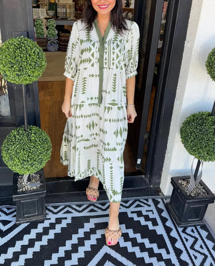 Lorelei™ - Geometric Button Dress with V-Neck