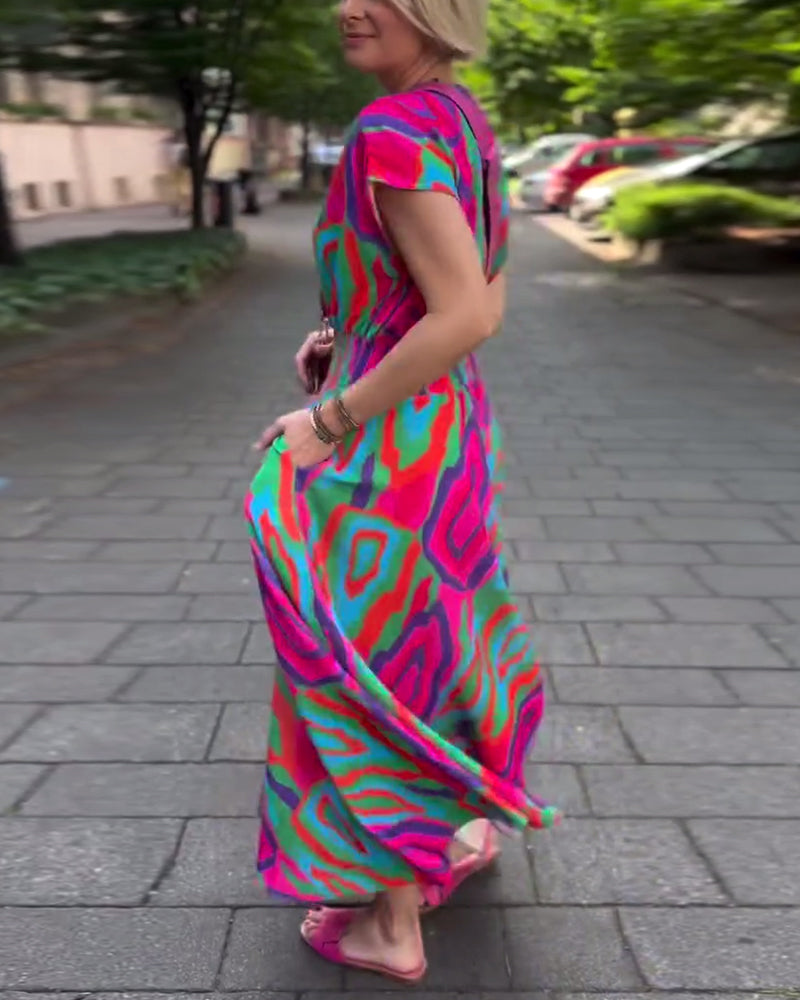 Roxana™ - Long colorful printed dress with V-neck and raglan sleeves