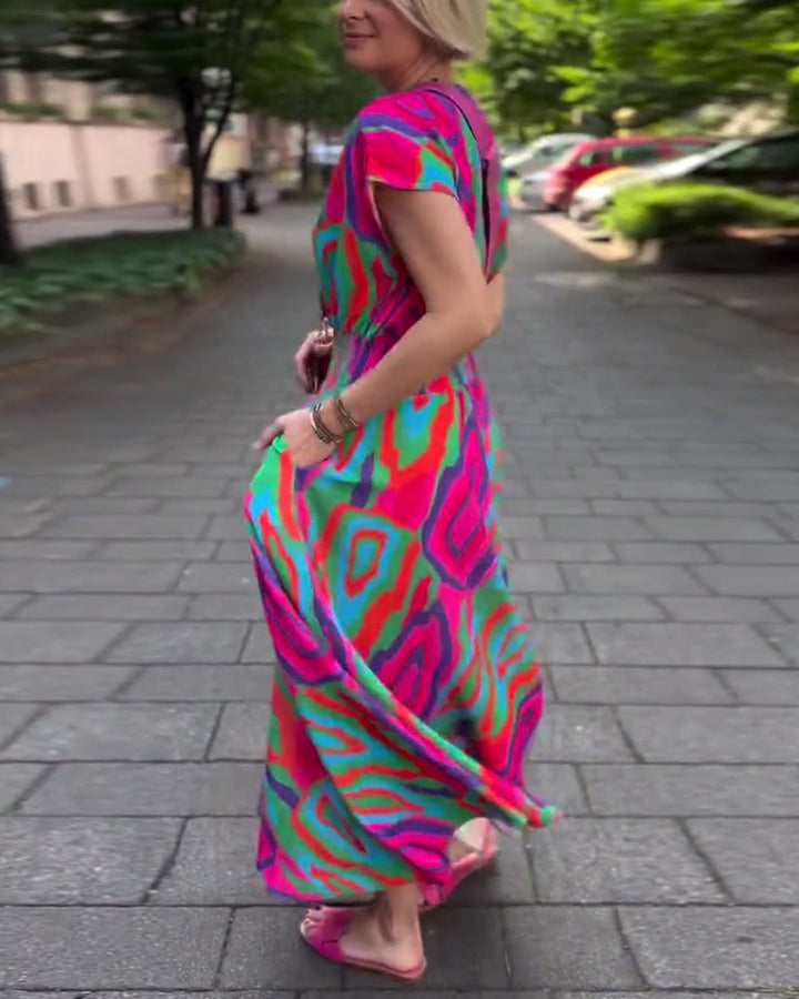 Roxana™ - Long colorful printed dress with V-neck and raglan sleeves
