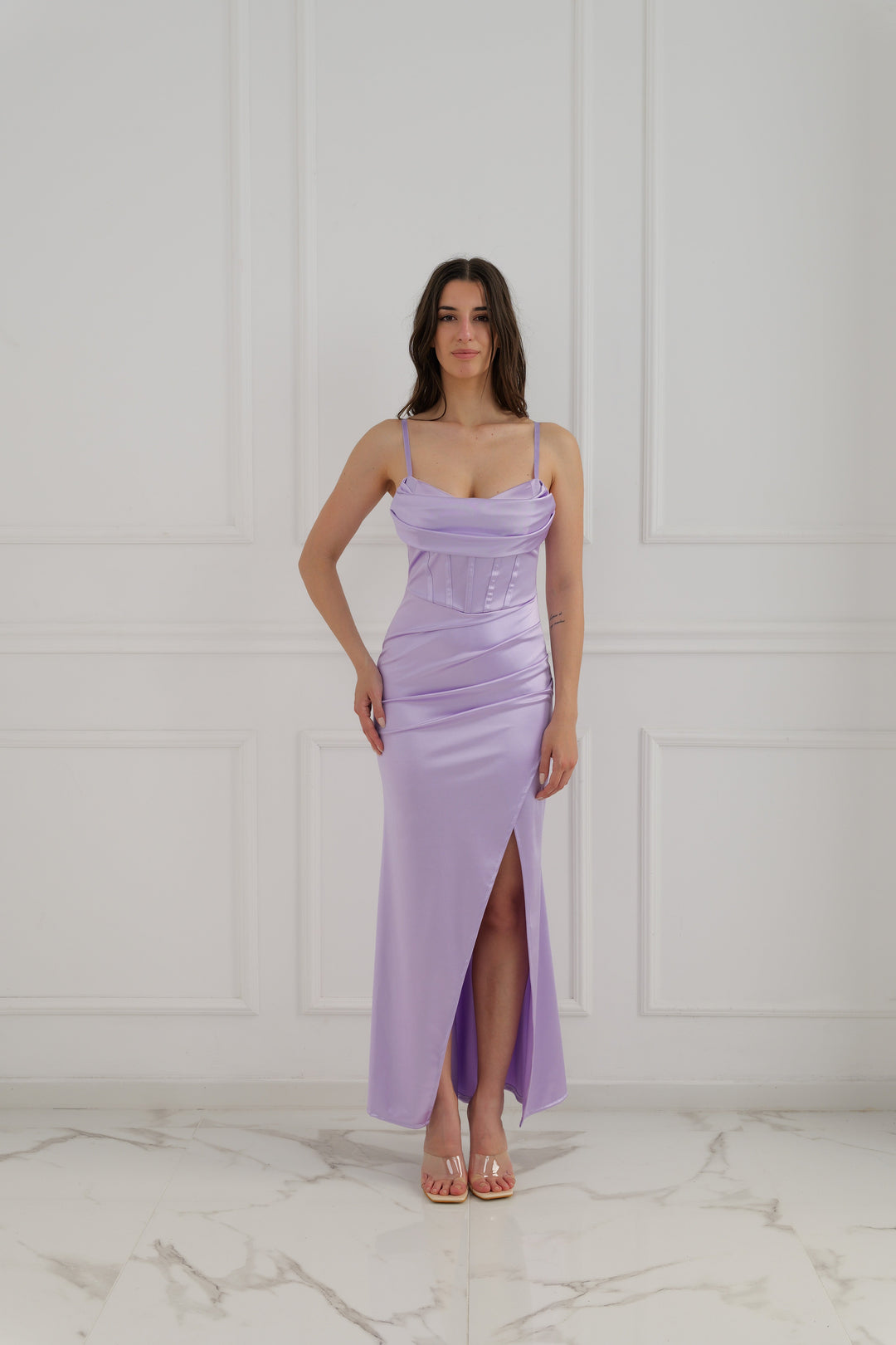 Satin dress with boned bodice and side slit Romina