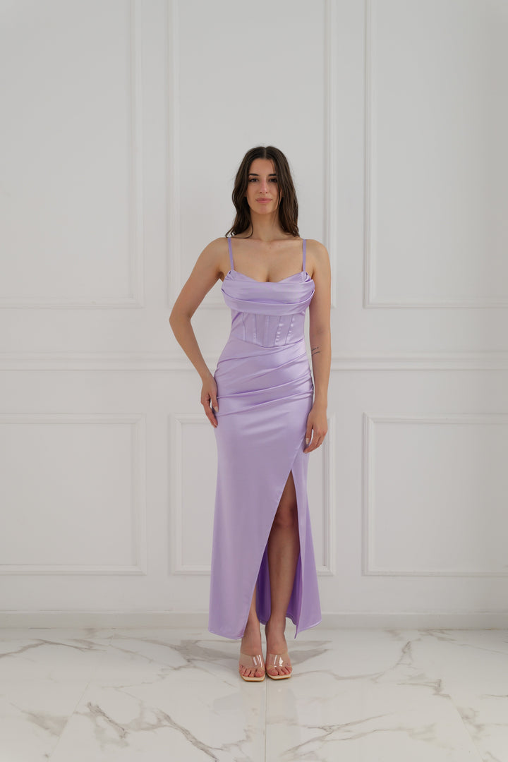 Satin dress with boned bodice and side slit Romina