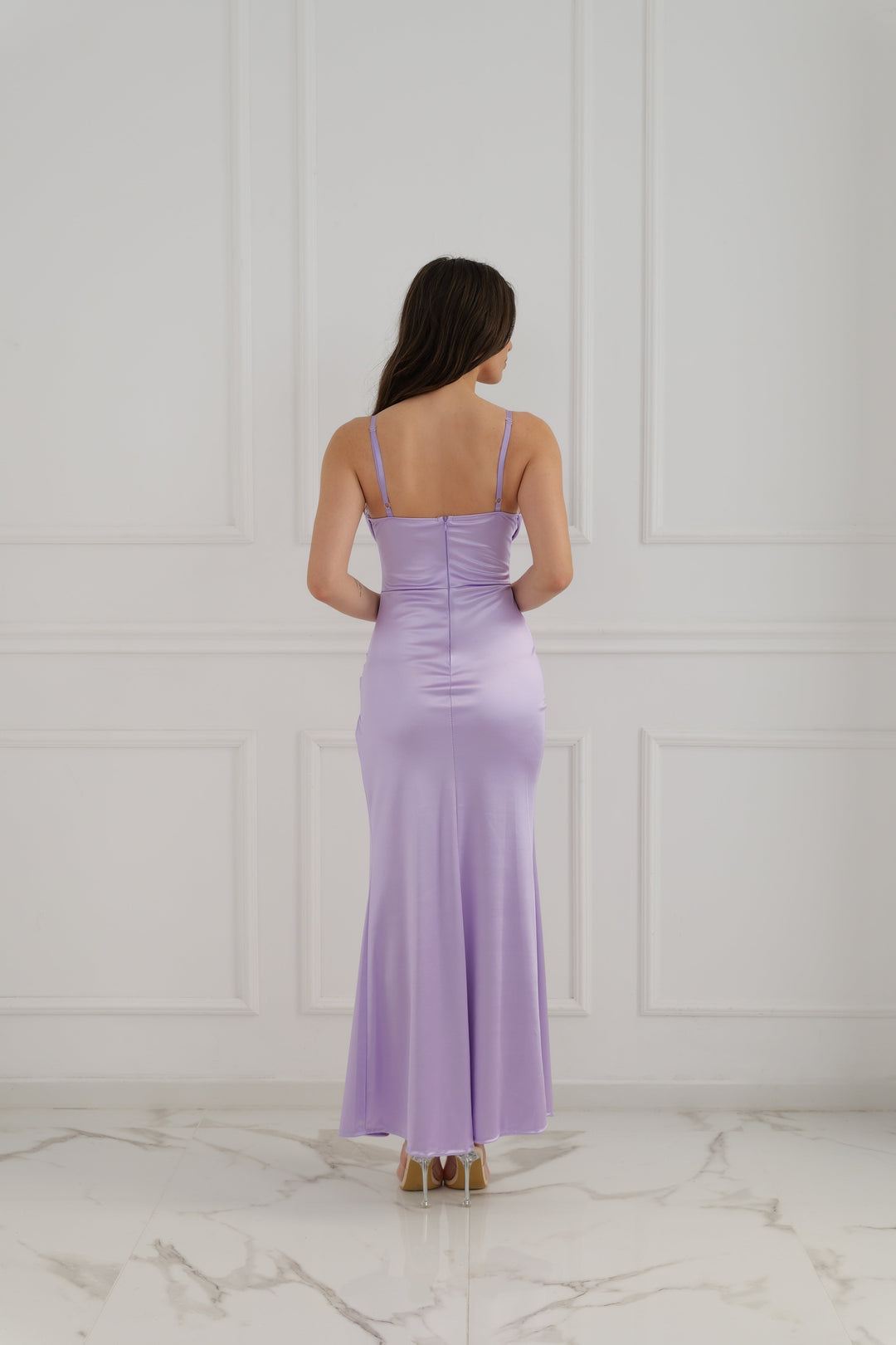 Satin dress with boned bodice and side slit Romina