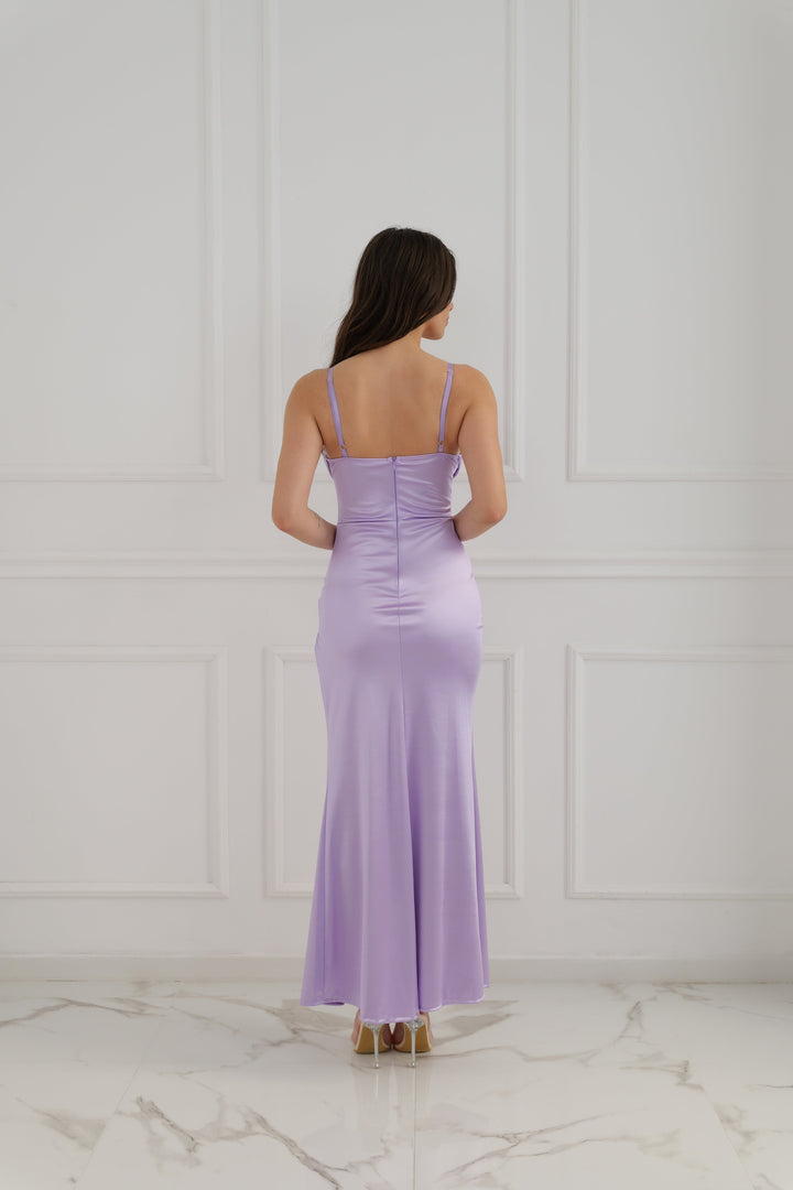 Satin dress with boned bodice and side slit Romina