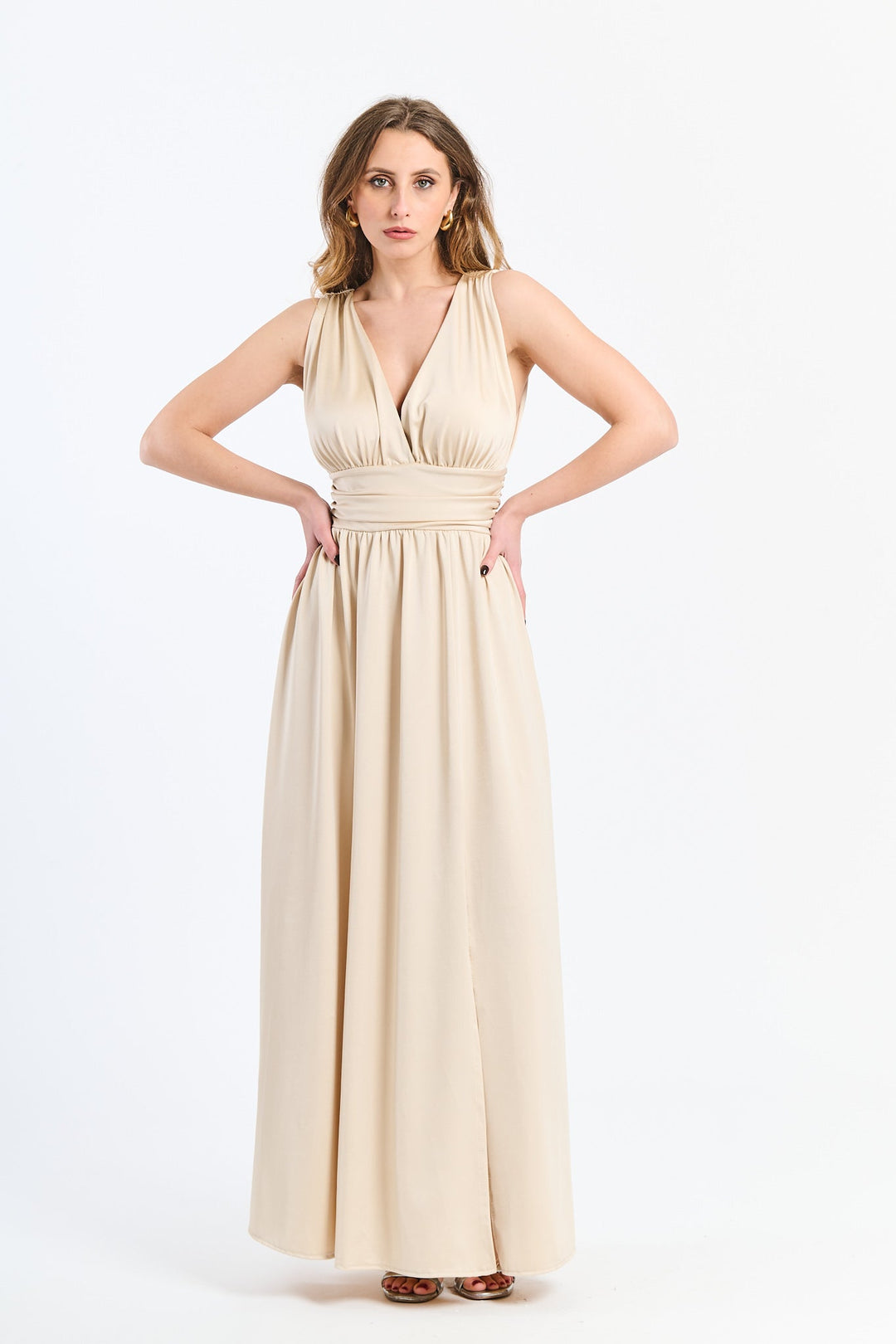 Long Satin Dress with V-Neck – Model “Aria”