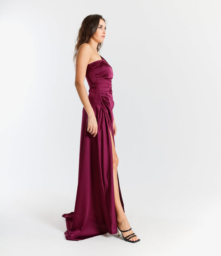Elegant Long Dress in One-Shoulder Satin with Side Slit “Living Silk”