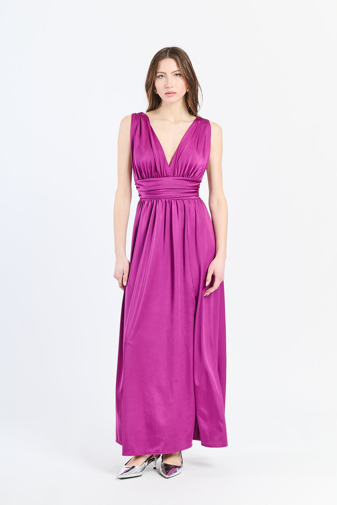Long Satin Dress with V-Neck – Model “Aria”