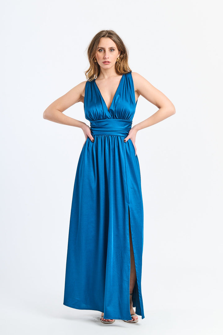 Long Satin Dress with V-Neck – Model “Aria”