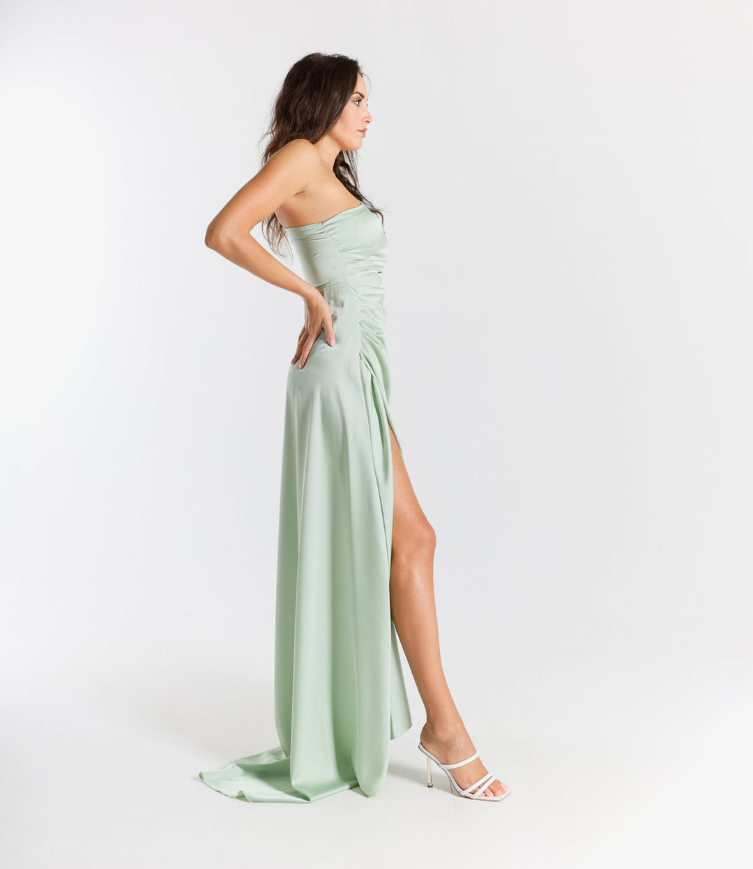 Elegant Long Dress in One-Shoulder Satin with Side Slit “Living Silk”