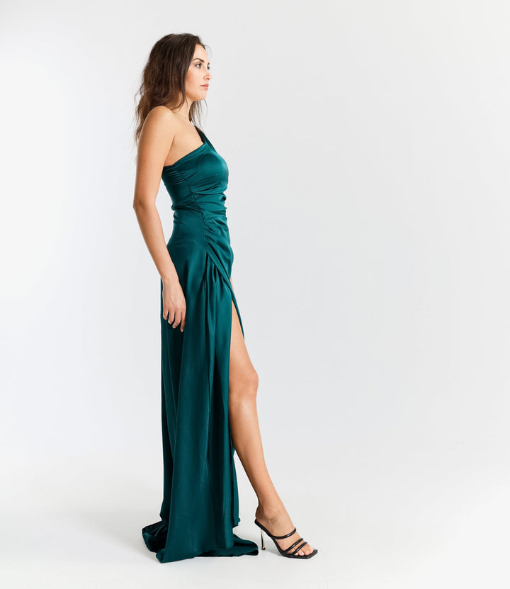 Elegant Long Dress in One-Shoulder Satin with Side Slit “Living Silk”