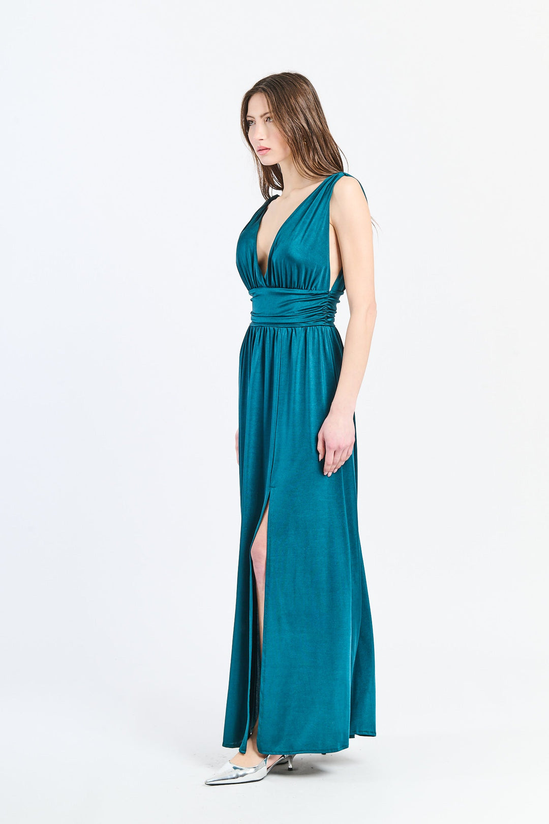 Long Satin Dress with V-Neck – Model “Aria”