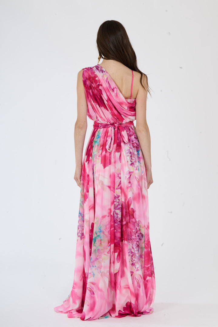 “Silvana” One-Shoulder Floral Dress with Side Slit