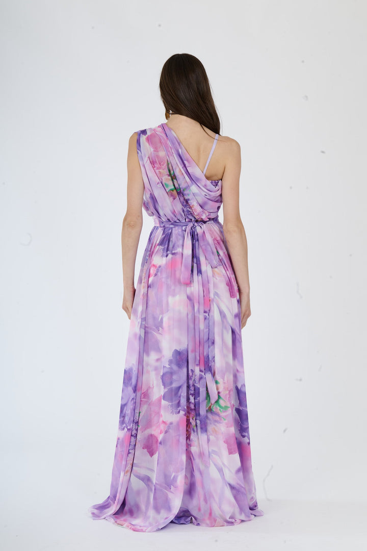 “Silvana” One-Shoulder Floral Dress with Side Slit