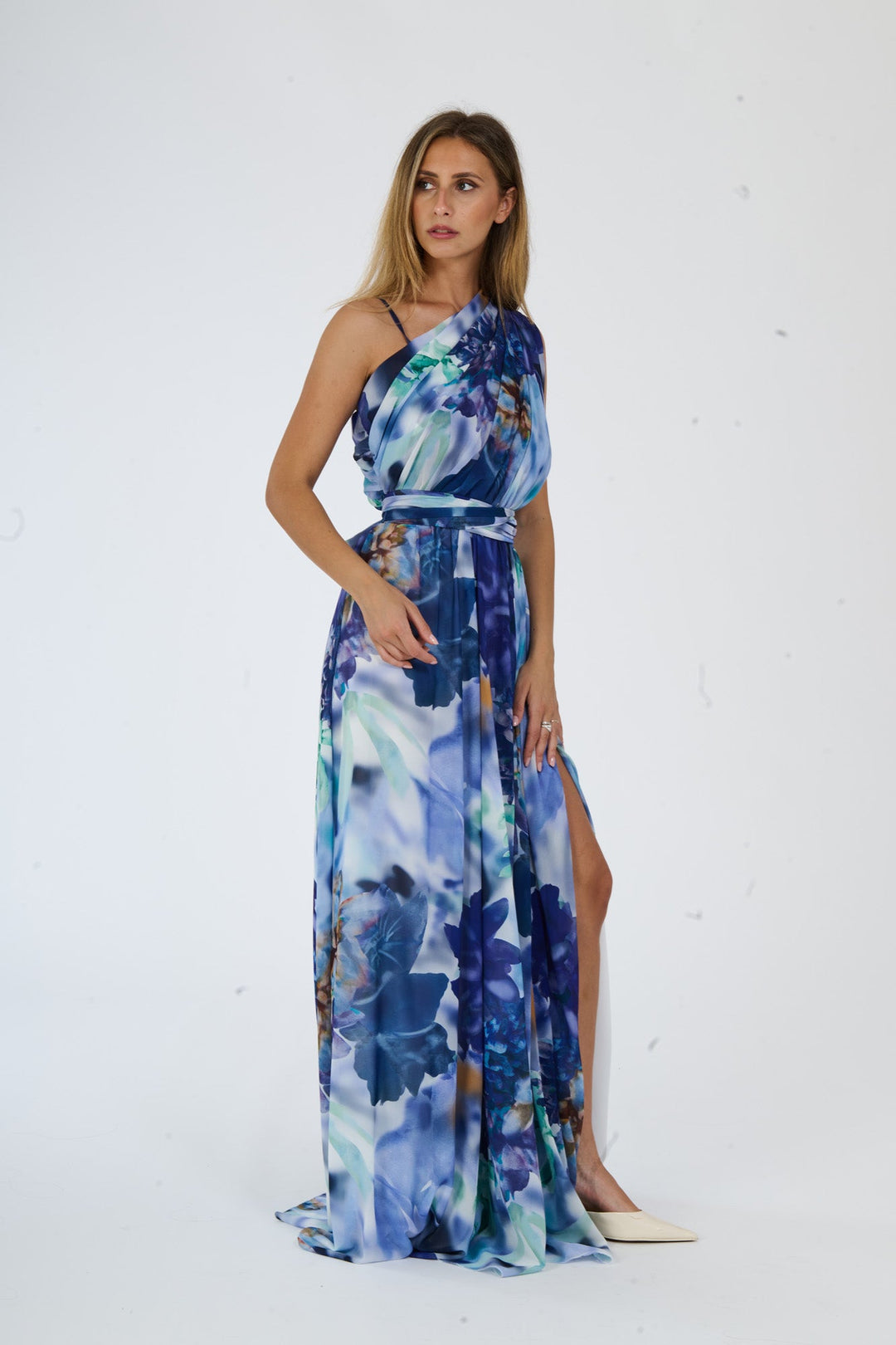 “Silvana” One-Shoulder Floral Dress with Side Slit