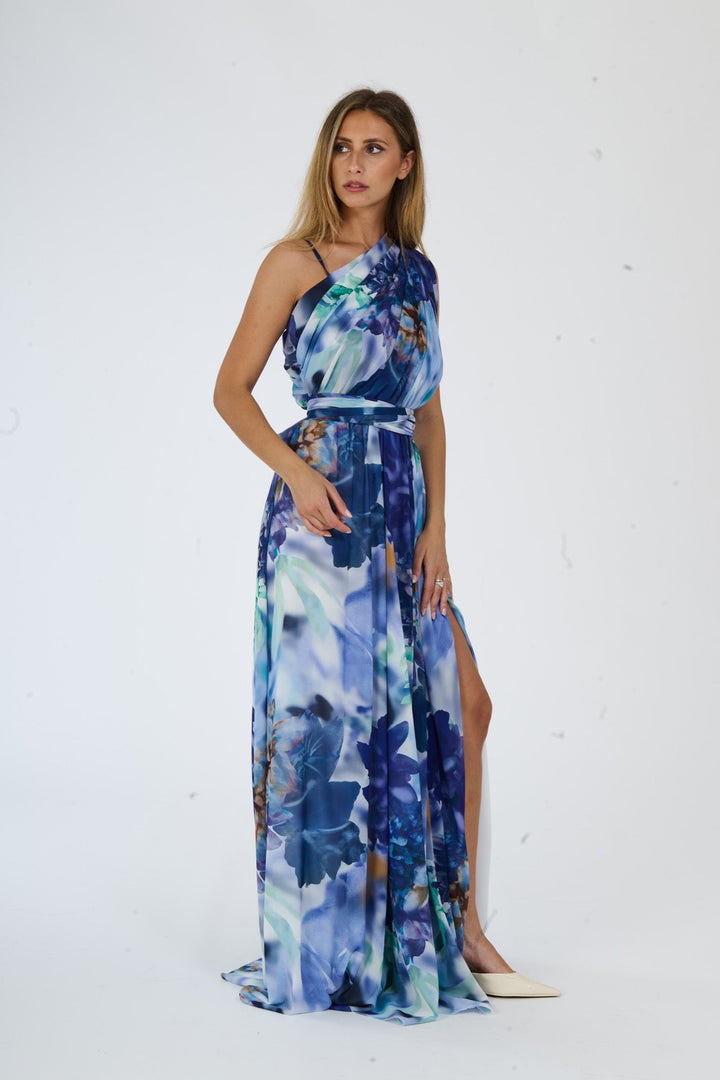 “Silvana” One-Shoulder Floral Dress with Side Slit