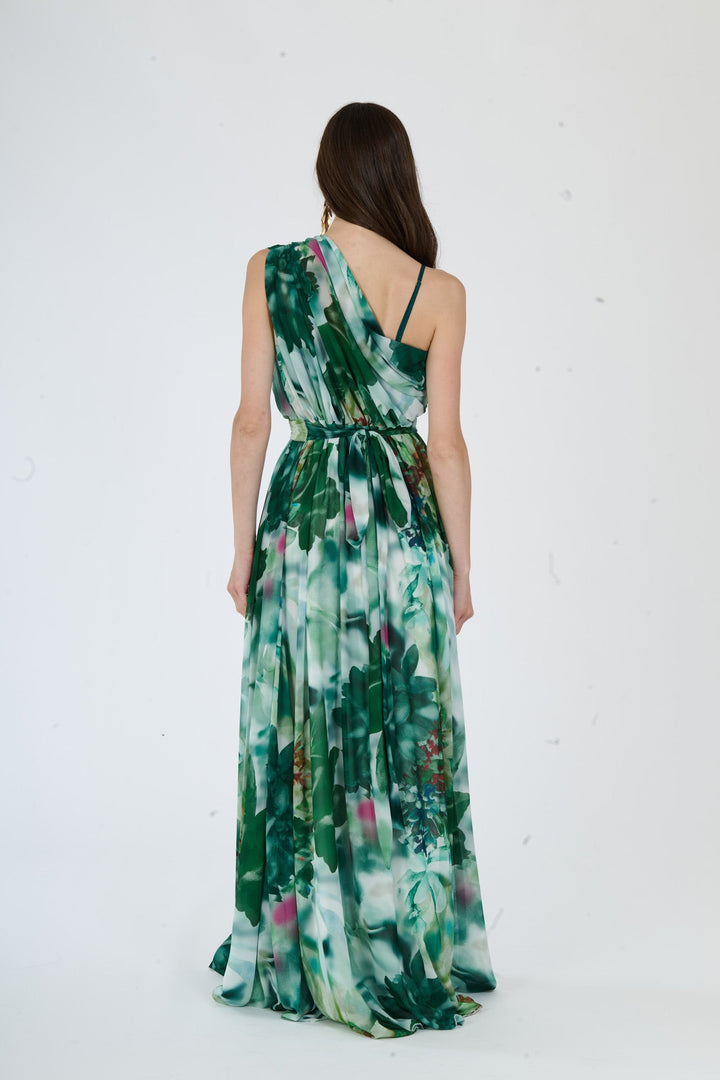 “Silvana” One-Shoulder Floral Dress with Side Slit
