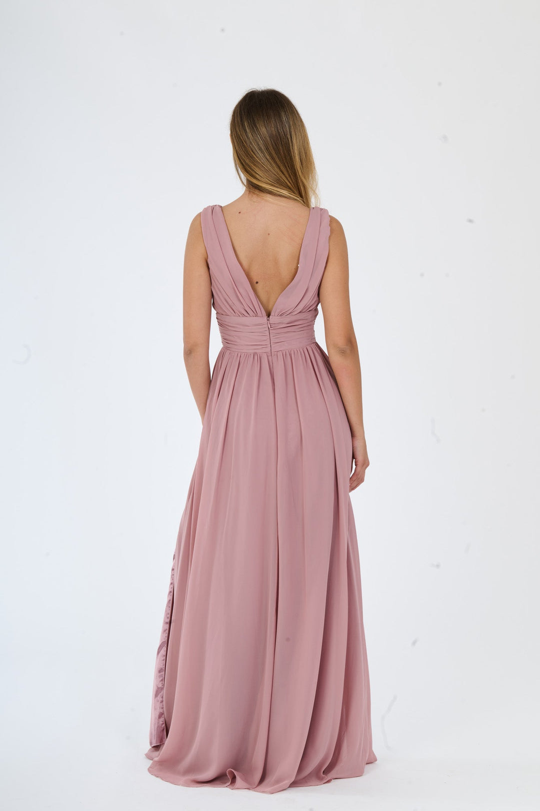 "Callista" Dress – Long V-Neck Dress with Draped Straps and Side Slit