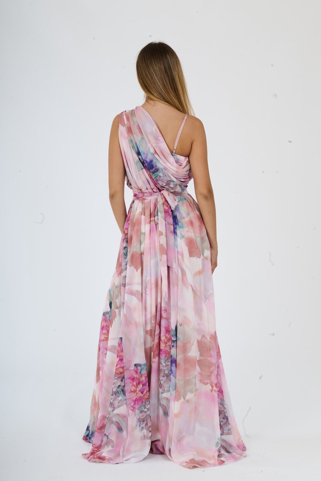 “Silvana” One-Shoulder Floral Dress with Side Slit