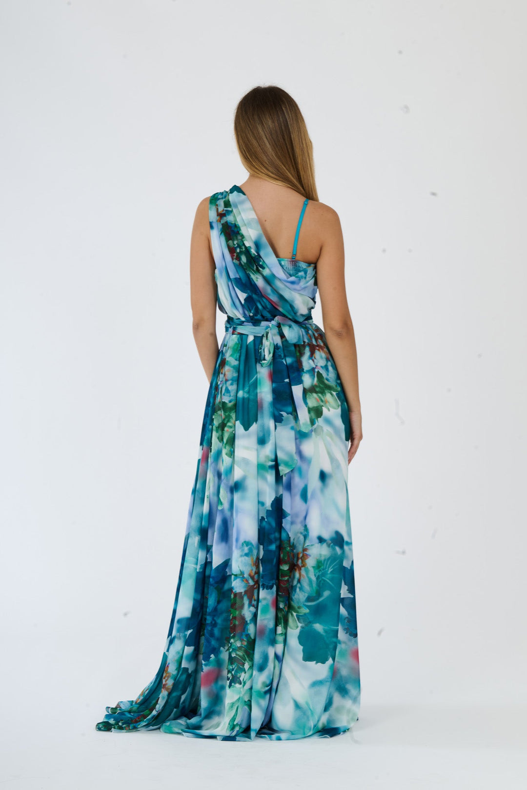 “Silvana” One-Shoulder Floral Dress with Side Slit