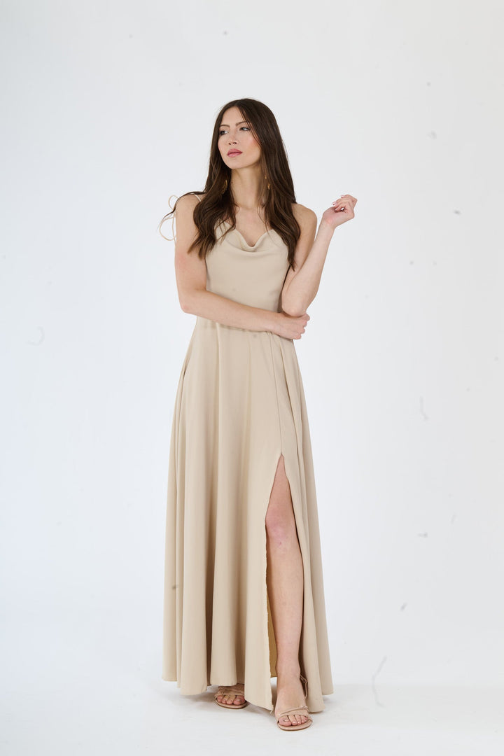 "Isadora" Dress – Long Polyester Dress with Slit and Tied Straps