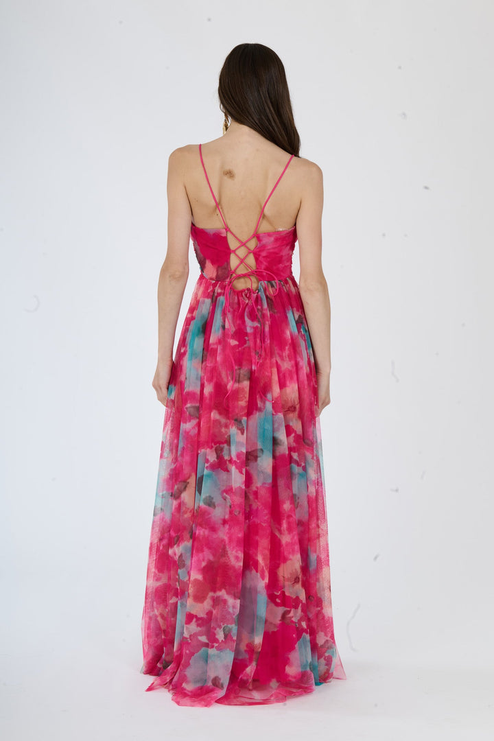 “Loreda” Dress – V-Neck Multicolor Tulle