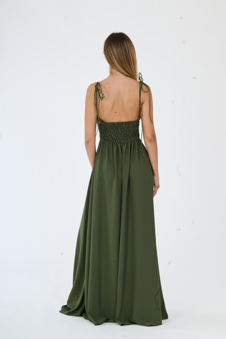 "Isadora" Dress – Long Polyester Dress with Slit and Tied Straps