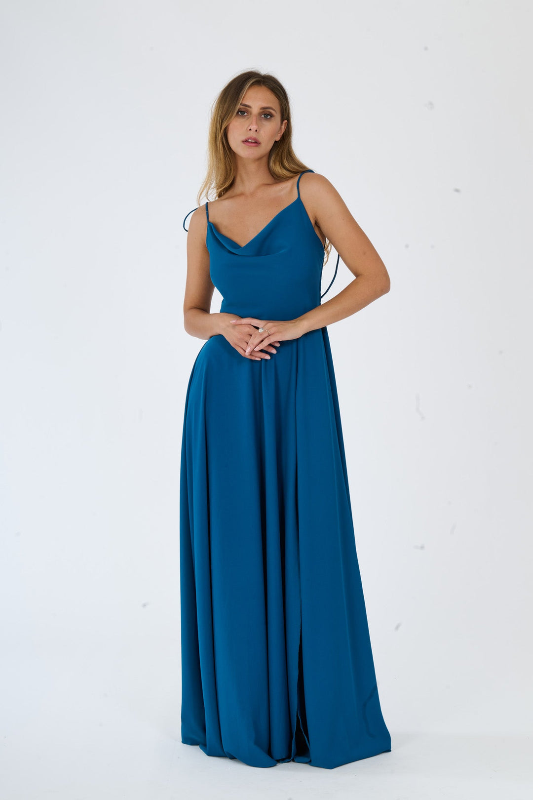 "Isadora" Dress – Long Polyester Dress with Slit and Tied Straps