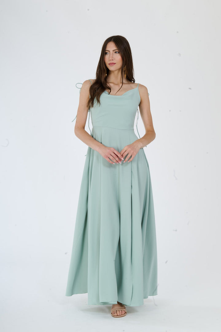 "Isadora" Dress – Long Polyester Dress with Slit and Tied Straps