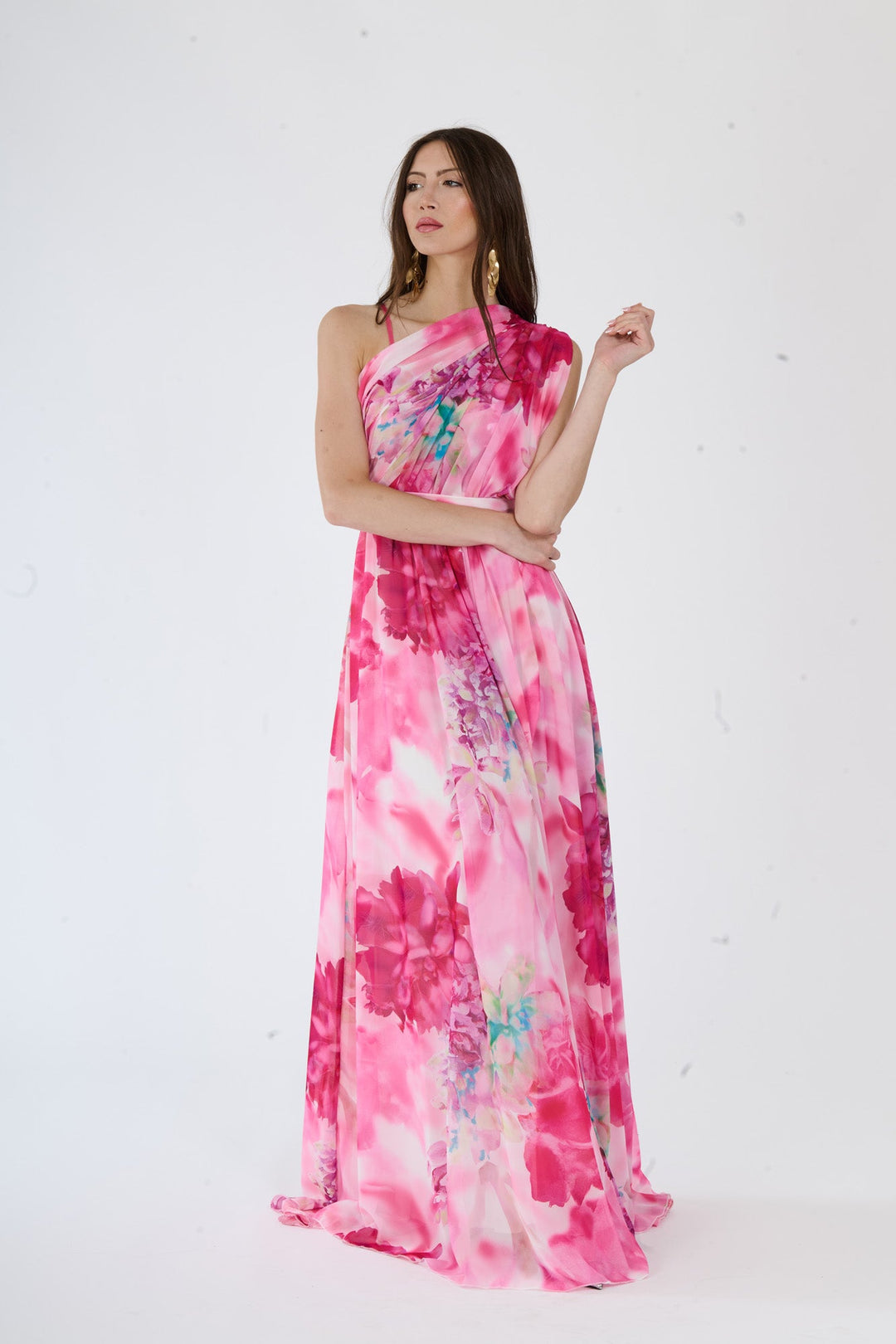 “Silvana” One-Shoulder Floral Dress with Side Slit