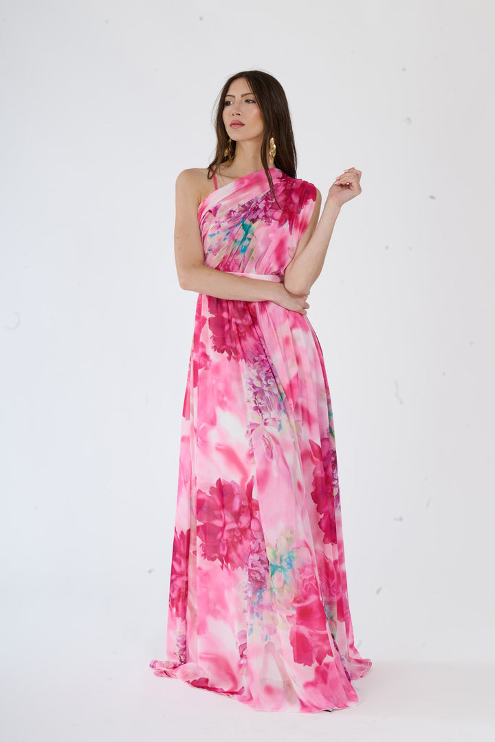 “Silvana” One-Shoulder Floral Dress with Side Slit