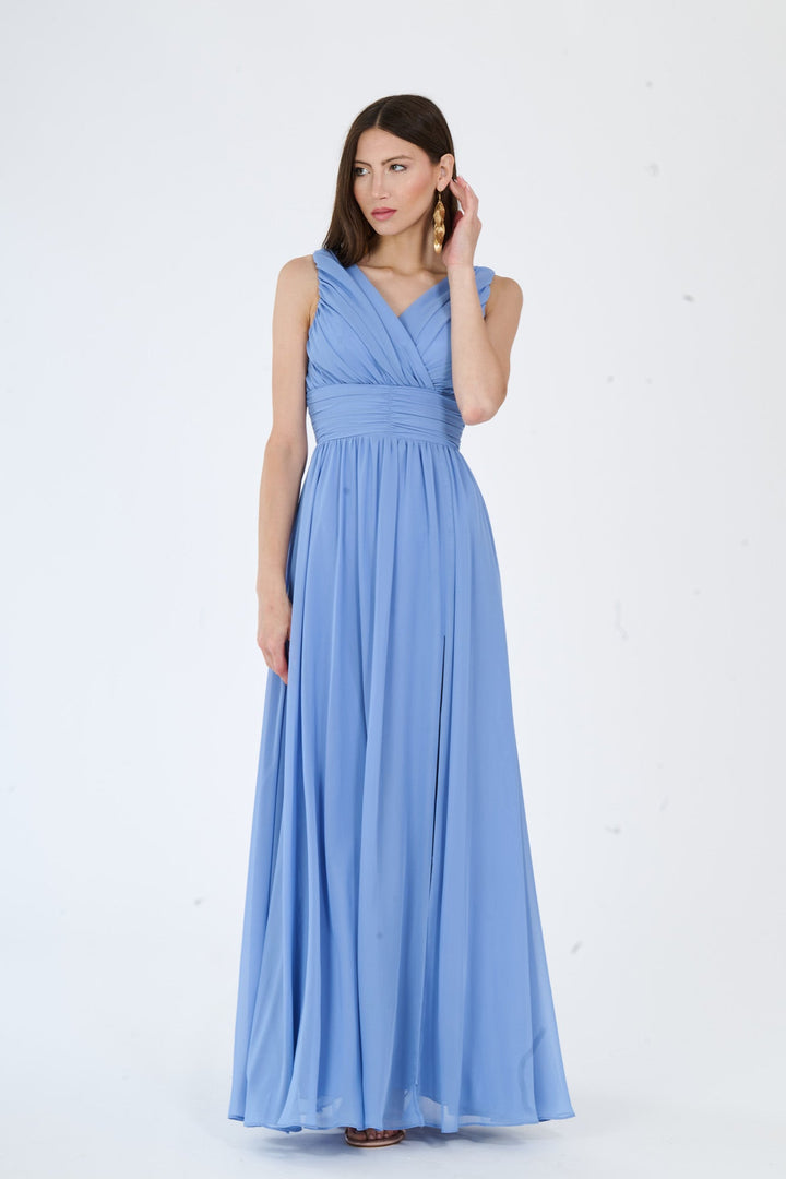 "Callista" Dress – Long V-Neck Dress with Draped Straps and Side Slit
