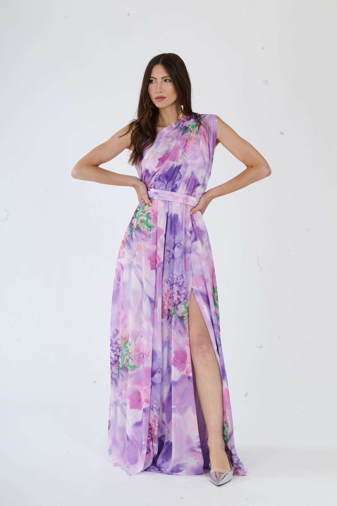 “Silvana” One-Shoulder Floral Dress with Side Slit