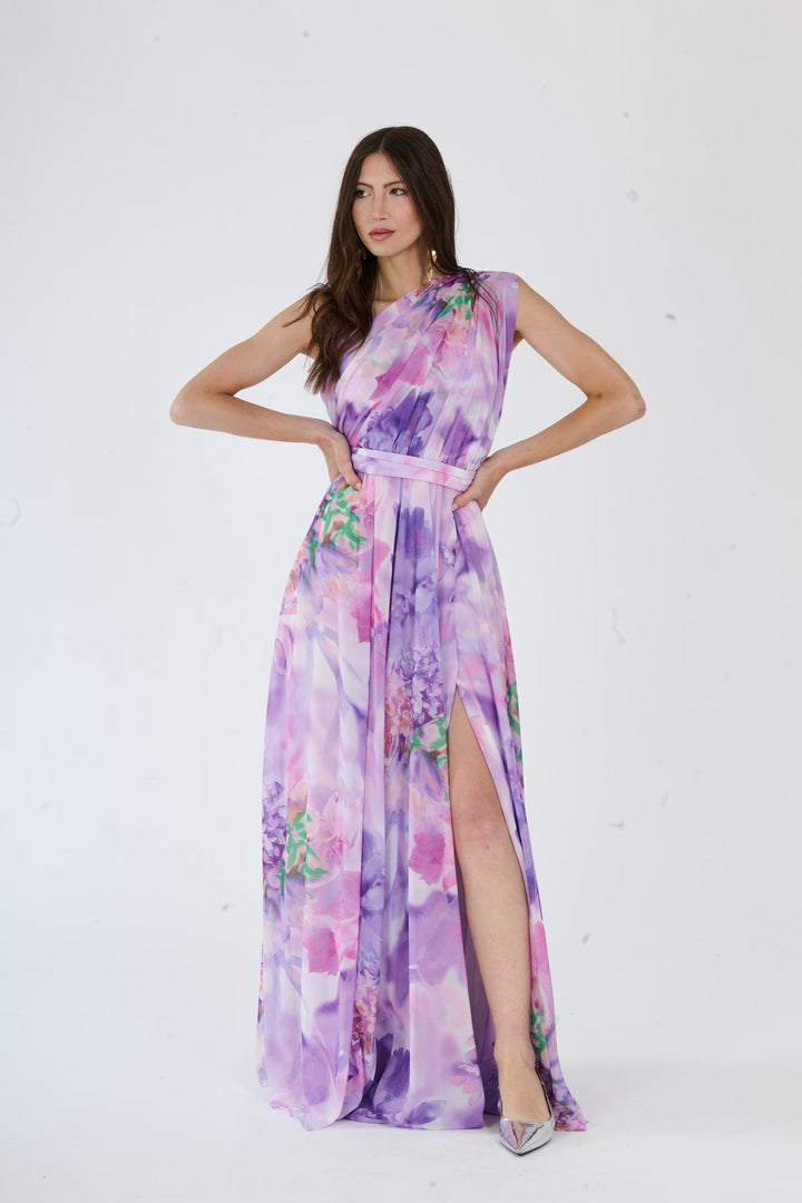 “Silvana” One-Shoulder Floral Dress with Side Slit