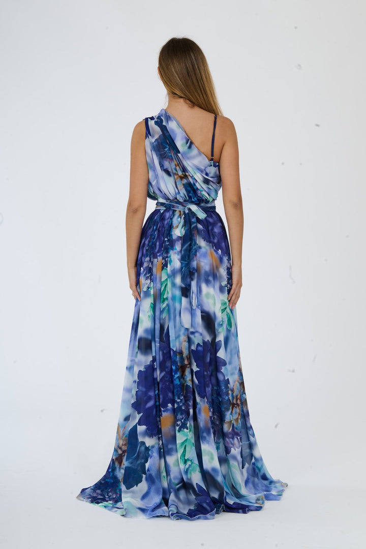 “Silvana” One-Shoulder Floral Dress with Side Slit