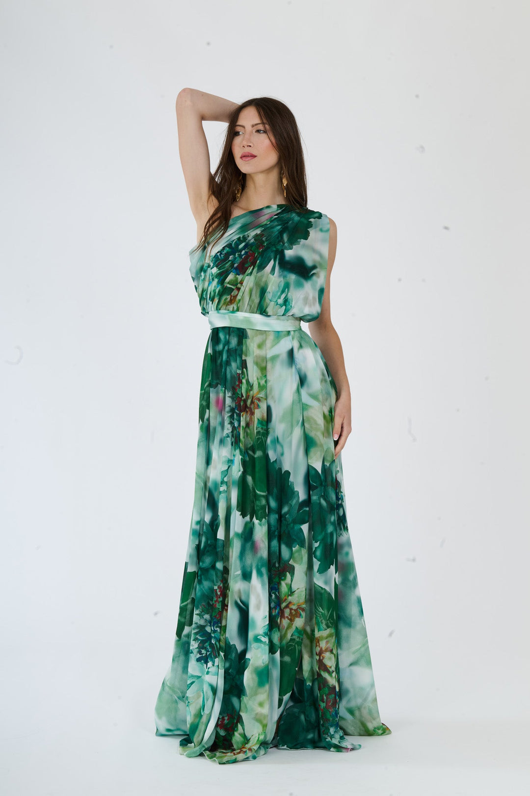 “Silvana” One-Shoulder Floral Dress with Side Slit