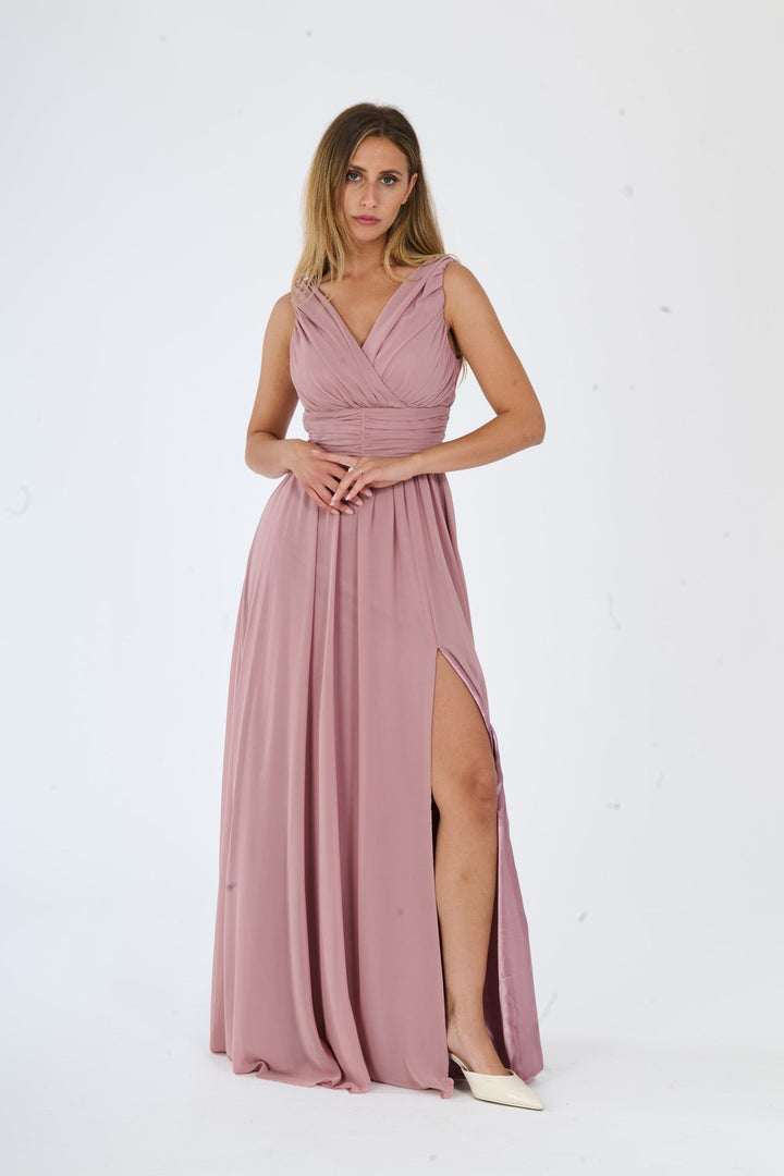 "Callista" Dress – Long V-Neck Dress with Draped Straps and Side Slit