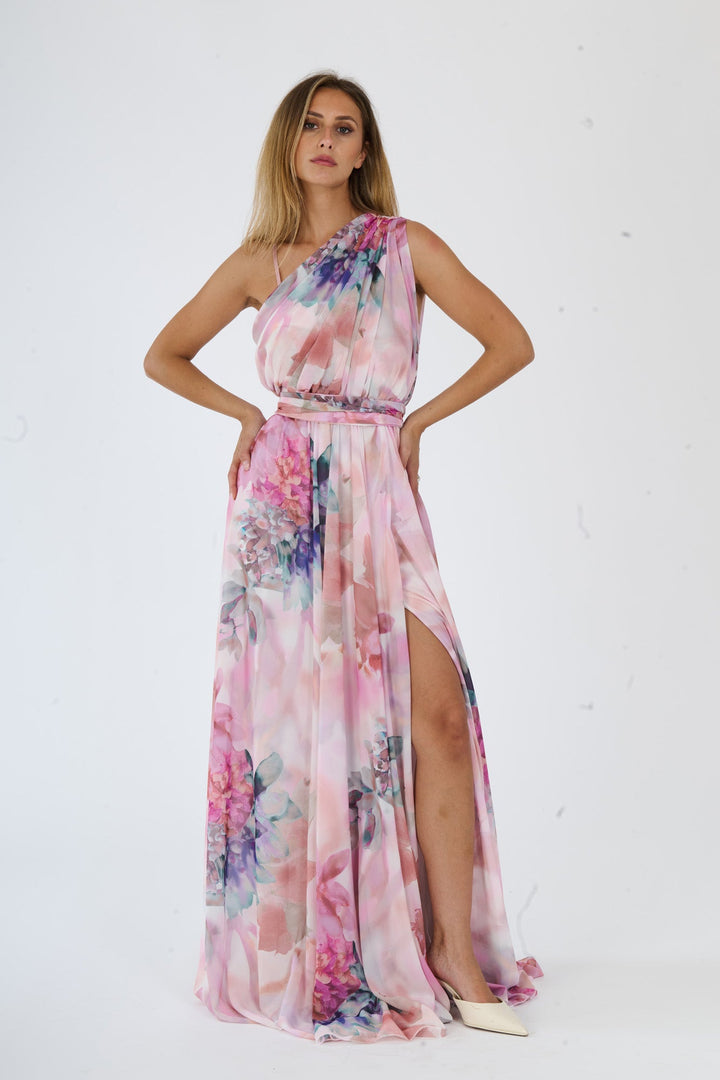 “Silvana” One-Shoulder Floral Dress with Side Slit