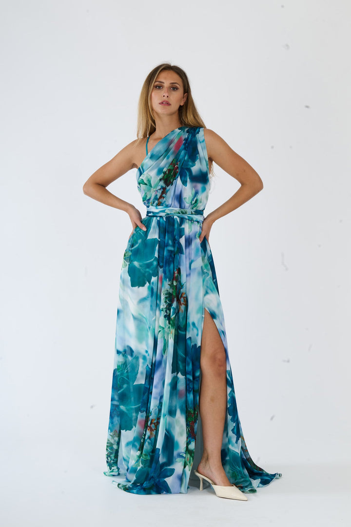 “Silvana” One-Shoulder Floral Dress with Side Slit