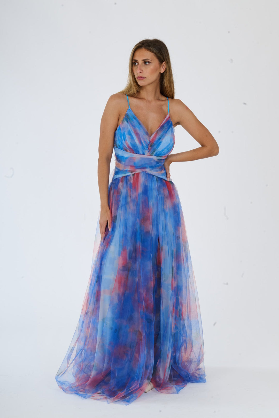 “Loreda” Dress – V-Neck Multicolor Tulle