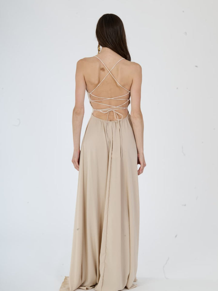"Delfina" Dress – Elegant Long Dress in Polyester with Thin Straps and Tied Back