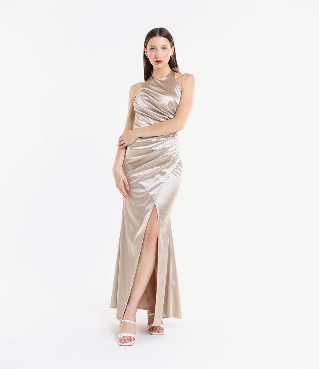 Draped Satin Dress with American Neckline Aria