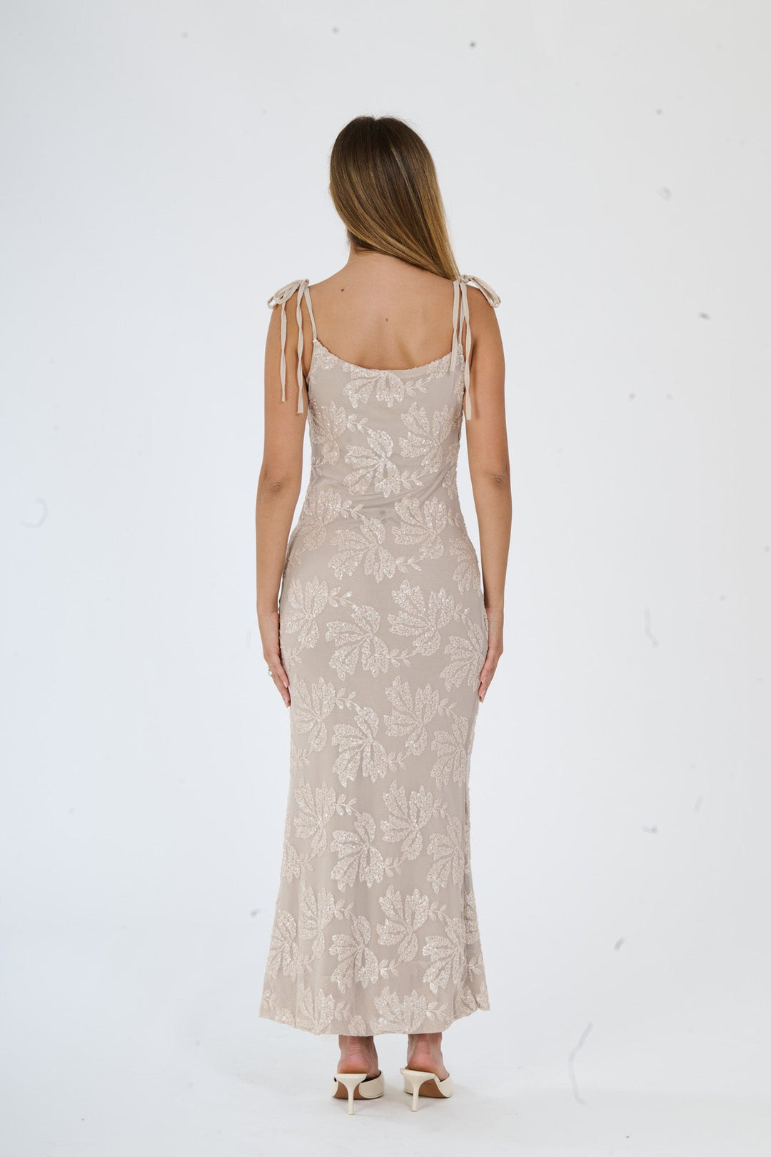 “Melvya” Dress – Long Beige Dress with Thin Straps and Raised Floral Embroidery